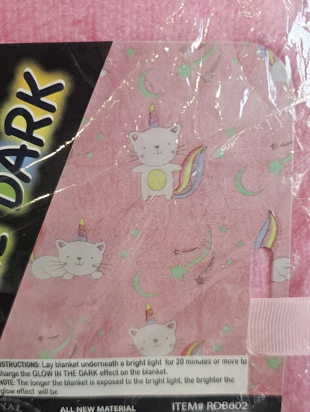 Caticorn Glow-In-The Dark Pink Plush Rainbow Cat Blanket Size 50